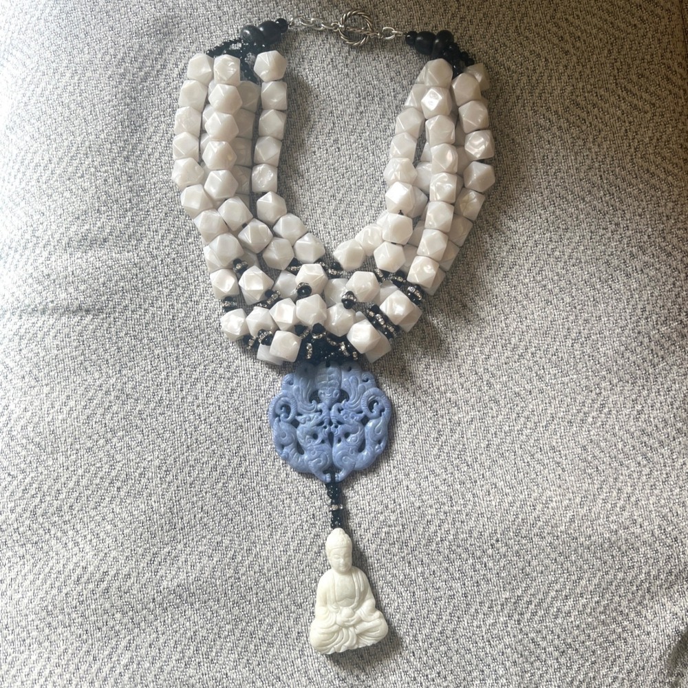Jadeite Range Buddha Statement Necklace Blue Carved Pendant Chunky Beaded